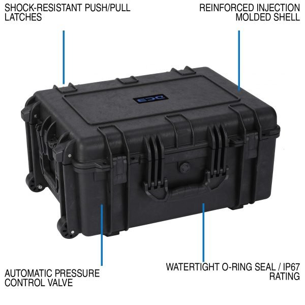 DCB Element 6104 IP67 seal, latches, pressure valve, and reinforced-shell callouts