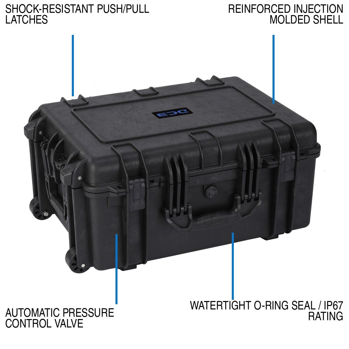 DCB Element 6104 IP67 seal, latches, pressure valve, and reinforced shell callouts