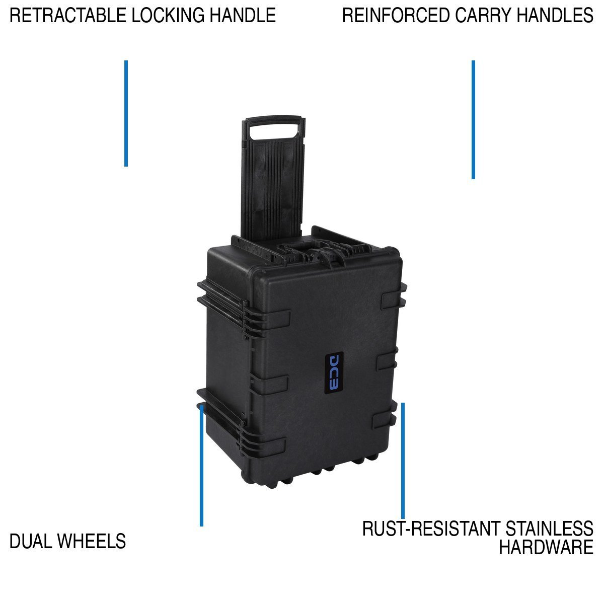 DCB Element 6705 retractable handle, wheels, and carrying-handle callouts