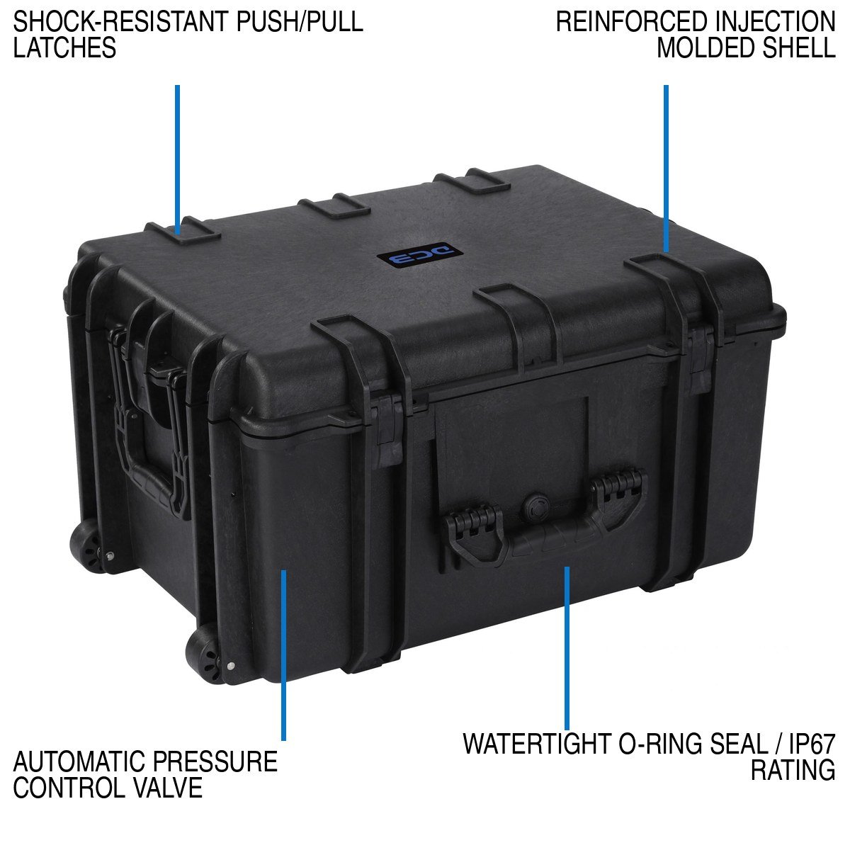 DCB Element 6705 IP67 seal, latches, pressure valve, and reinforced shell callouts