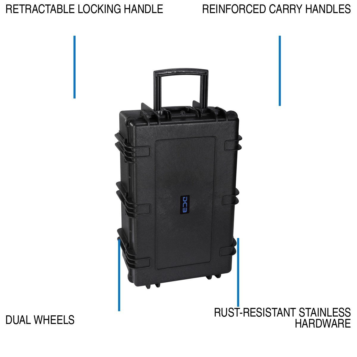 DCB Element 8305F retractable handle, wheels, and carrying-handle callouts