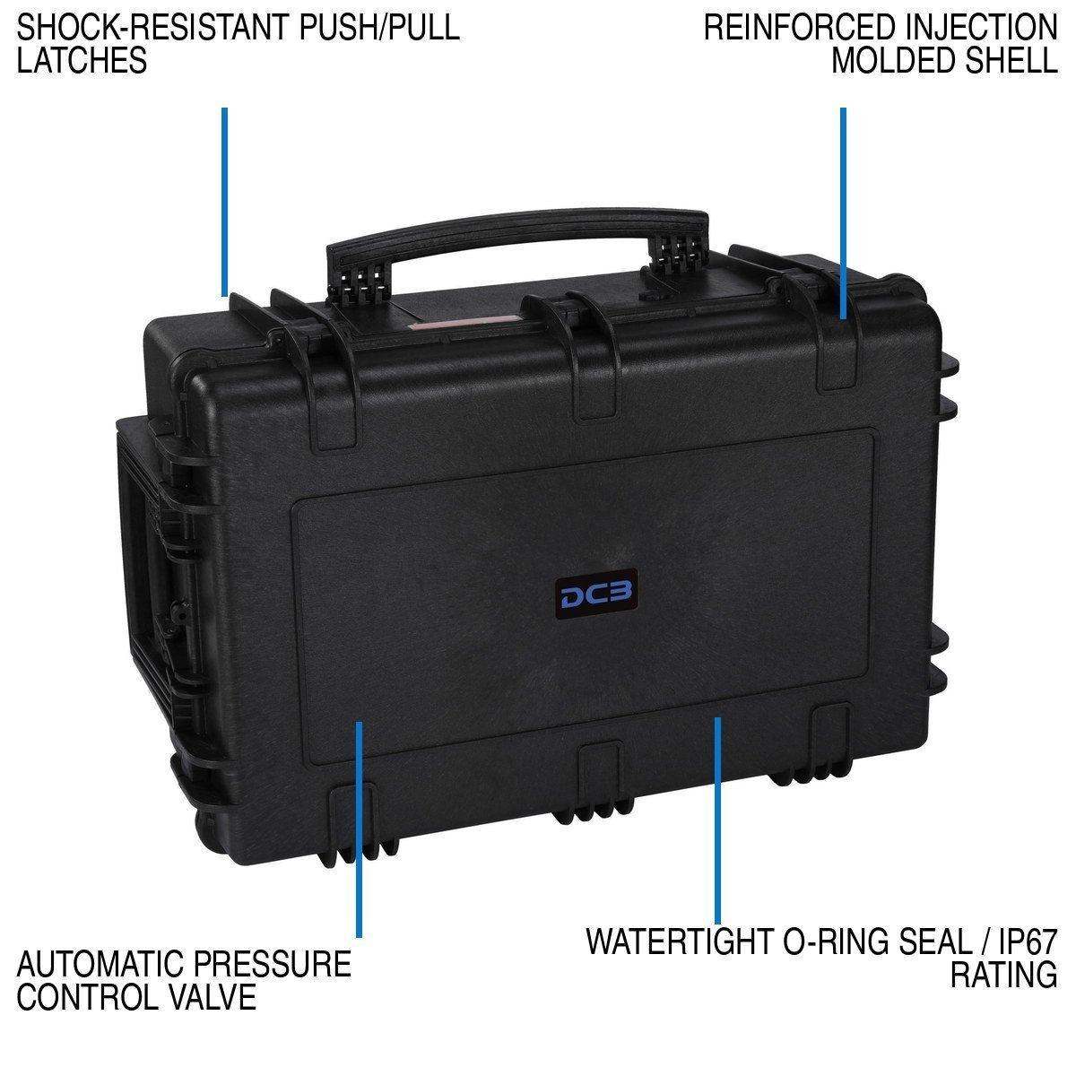 DCB Element 8305F IP67 seal, latches, pressure valve, and reinforced shell callouts